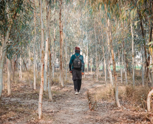 Ein Mann geht mit Rucksack allein einen Waldweg entlang — Sinnbild für den Weg aus der Trennung heraus